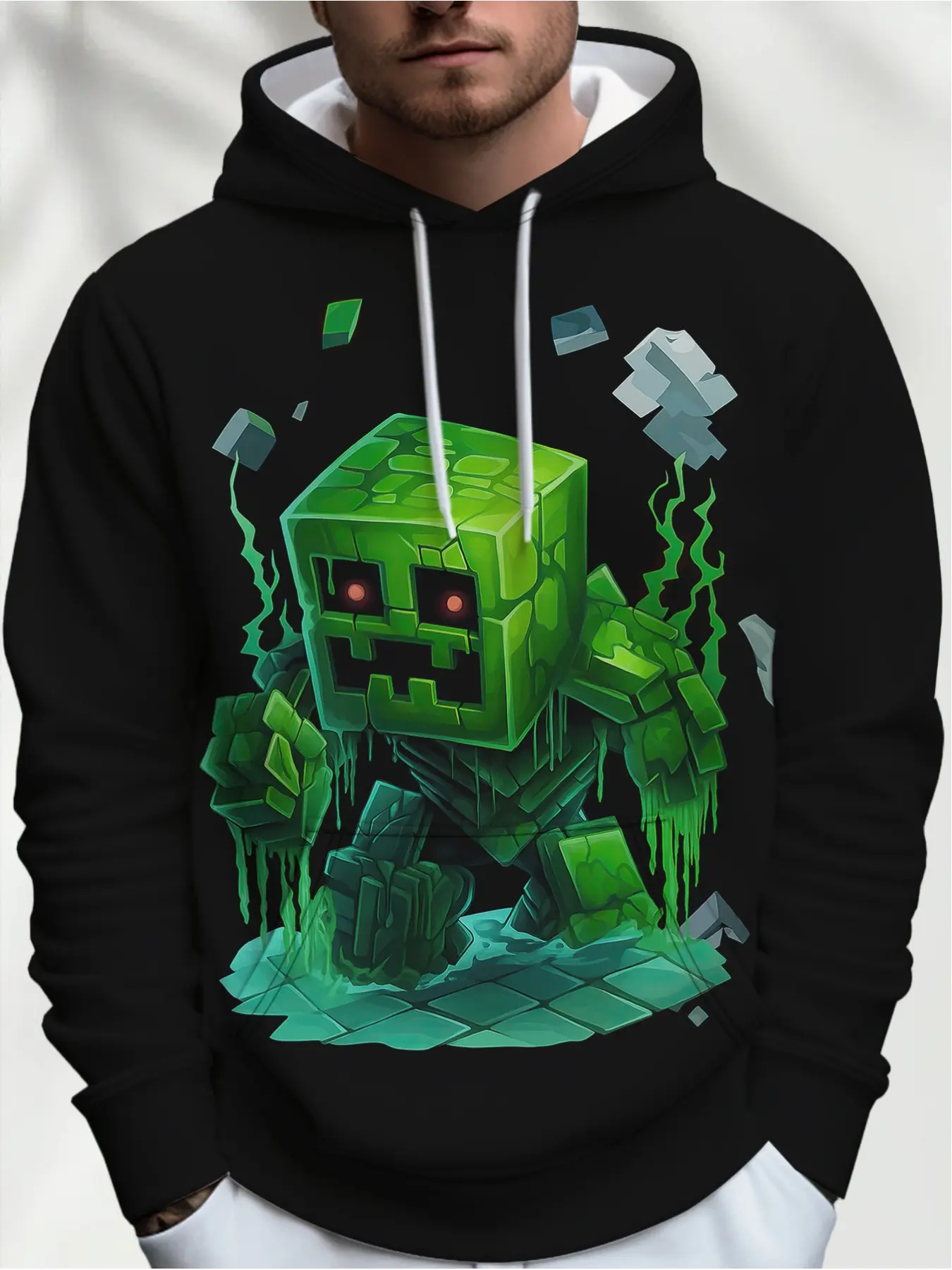 Hooded Sweatshirt] Pixel Art Style Hooded Sweatshirt With Cool Block Game Crawling Print Black Streetwear Hoodie With The Same Style As Casual Tops For Gaming Fans