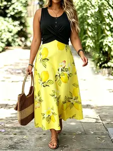 Plus Size Women's Fruit Lemon Print Round Neck Sleeveless Dress, Long Dress_length, Unlined, Plain Surface, Fruits Pattern