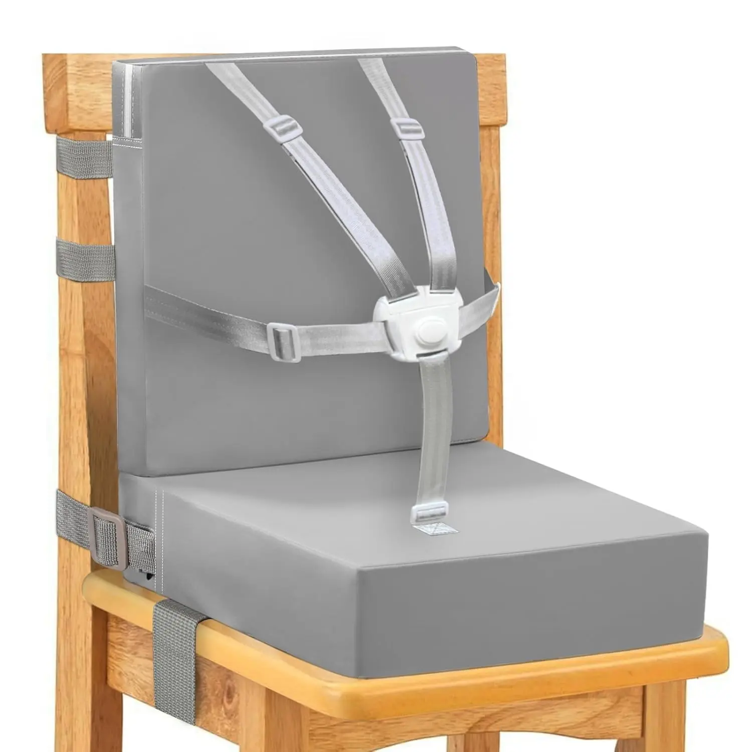 Toddler Booster Seat for Dining Table with Backrest, 5-Point Harness, PU Waterproof Easy Clean Cushion, Adjustable Straps & Non-Slip Bottom, Grey(Gift)