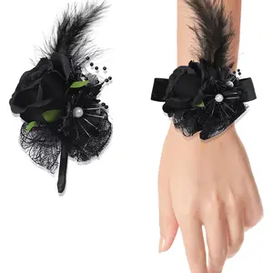 Corsage and Boutonniere Set,Feather Boutonniere for Men,Wrist Corsages for Wedding with Adjustable Ribbon Corsage Wristlet for Mother of Bride,Bridesmaids,Girls,Women,Prom 2Pcs(Black)