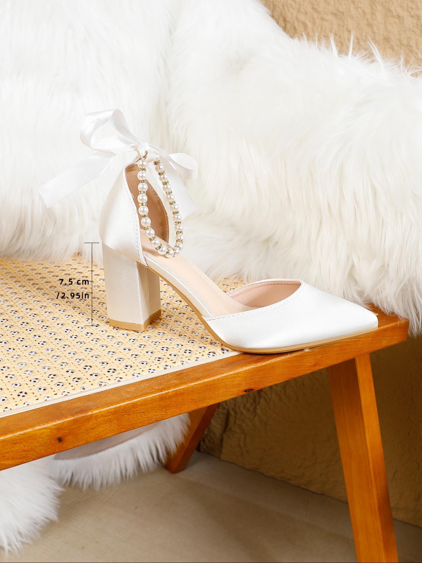 Women's Elegant Pearl & Bowknot Decorated High Heel Shoes, Trendy Pointed Toe Heels, Fashionable Heels for Party & Daily Wear, Classy, Rubber