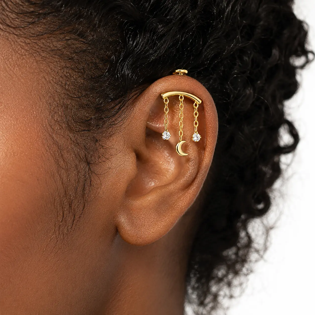 F136 Implant Grade Titanium 16G Cartilage Earring, Curved Barbell with Layered Tassel Chain & Crescent Moon Pendant, Hypoallergenic Helix Piercing Jewelry with Zircon Studs