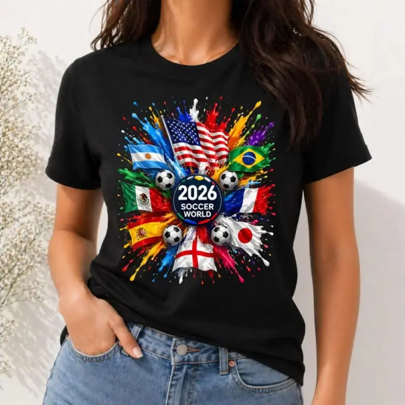 Street Style 2026 Soccer T-Shirt, Unisex Loose Fit 100% Cotton Shortsleeve Top with Flag Print for Outdoor Wear