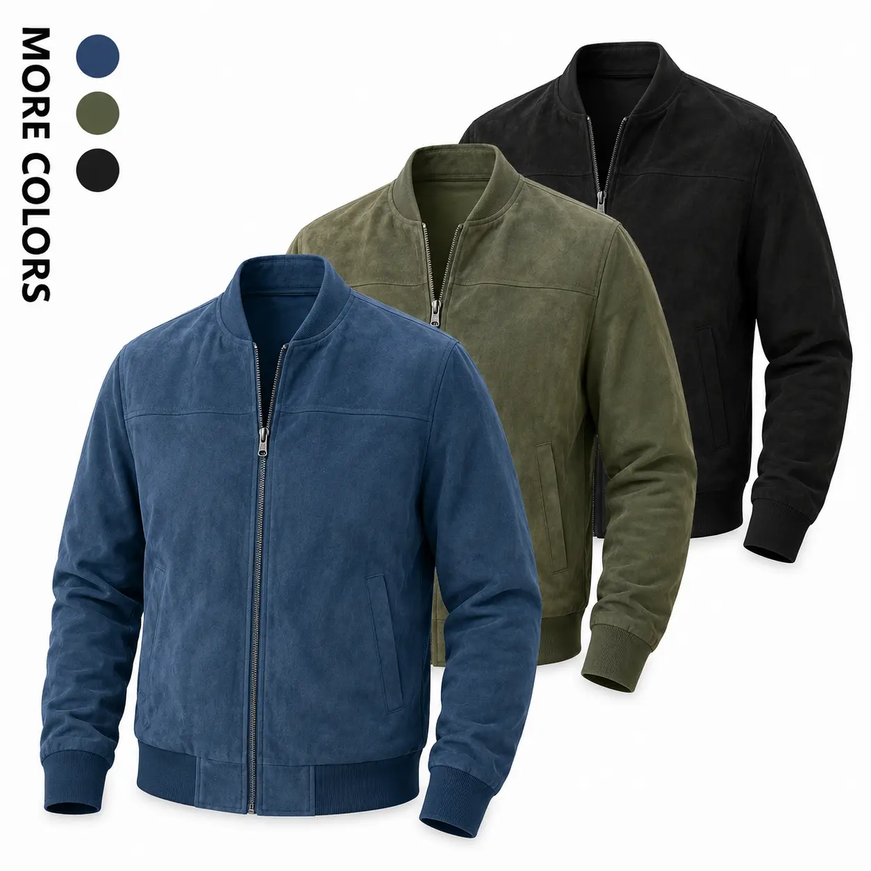 Menswear Long Sleeve Tone Matte Faux Suede Stand Collar Zip-Up Bomber Jacket - Polyester Lightweight Windproof Rib Cuff Hem Textured Outerwear, Loose-Fit Comfy Vintage Spring-Autumn Business Casual Transition Coat, Jackets Zip Up, Hangable, Collared Neck,