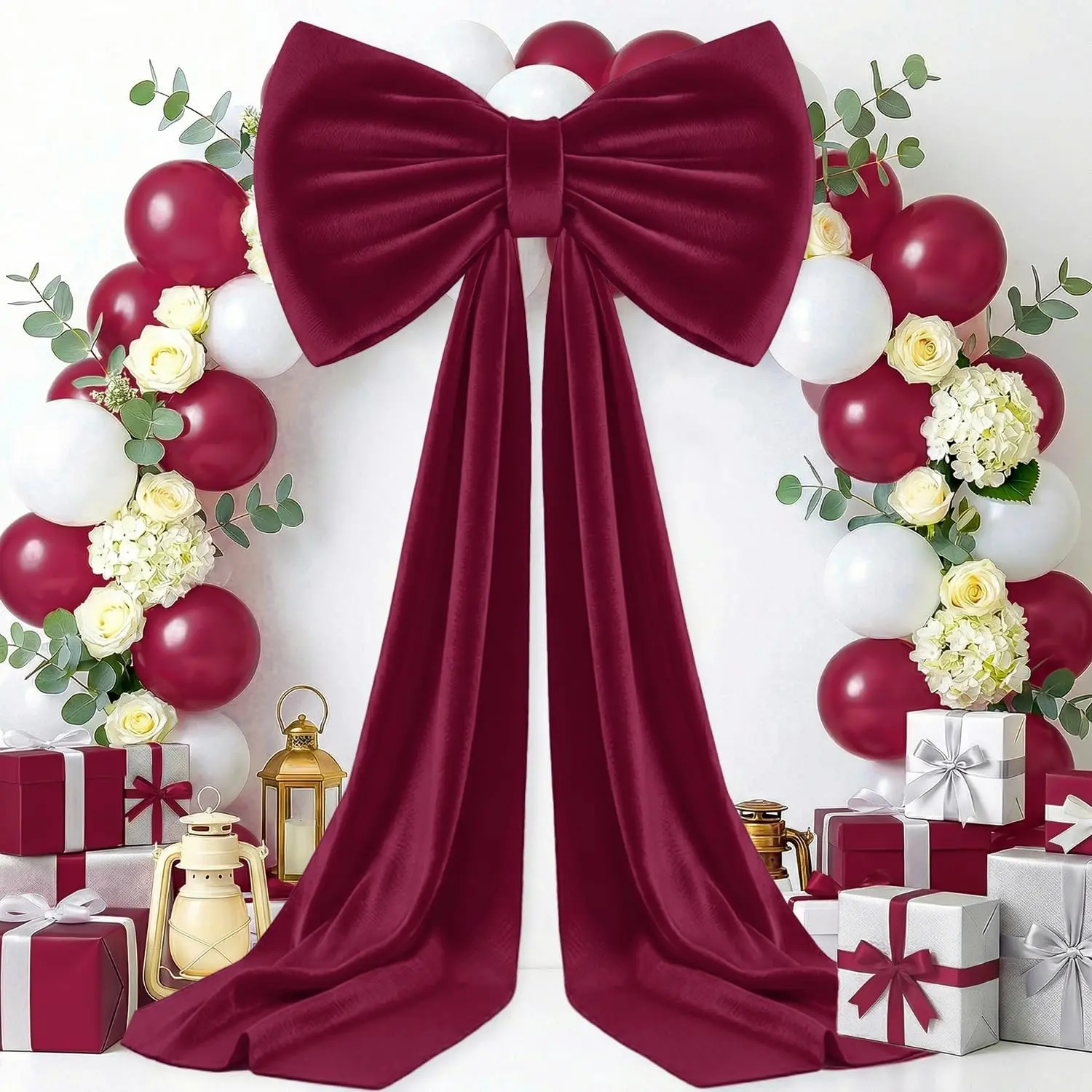 Large Bow Decor Burgundy Big Bow for Backdrop, 75x23 Inch Large Velvet Bows with Long Ribbon 3D Oversized Bows for Birthday Party Wedding Ceremony Baby Shower Wall Decorations