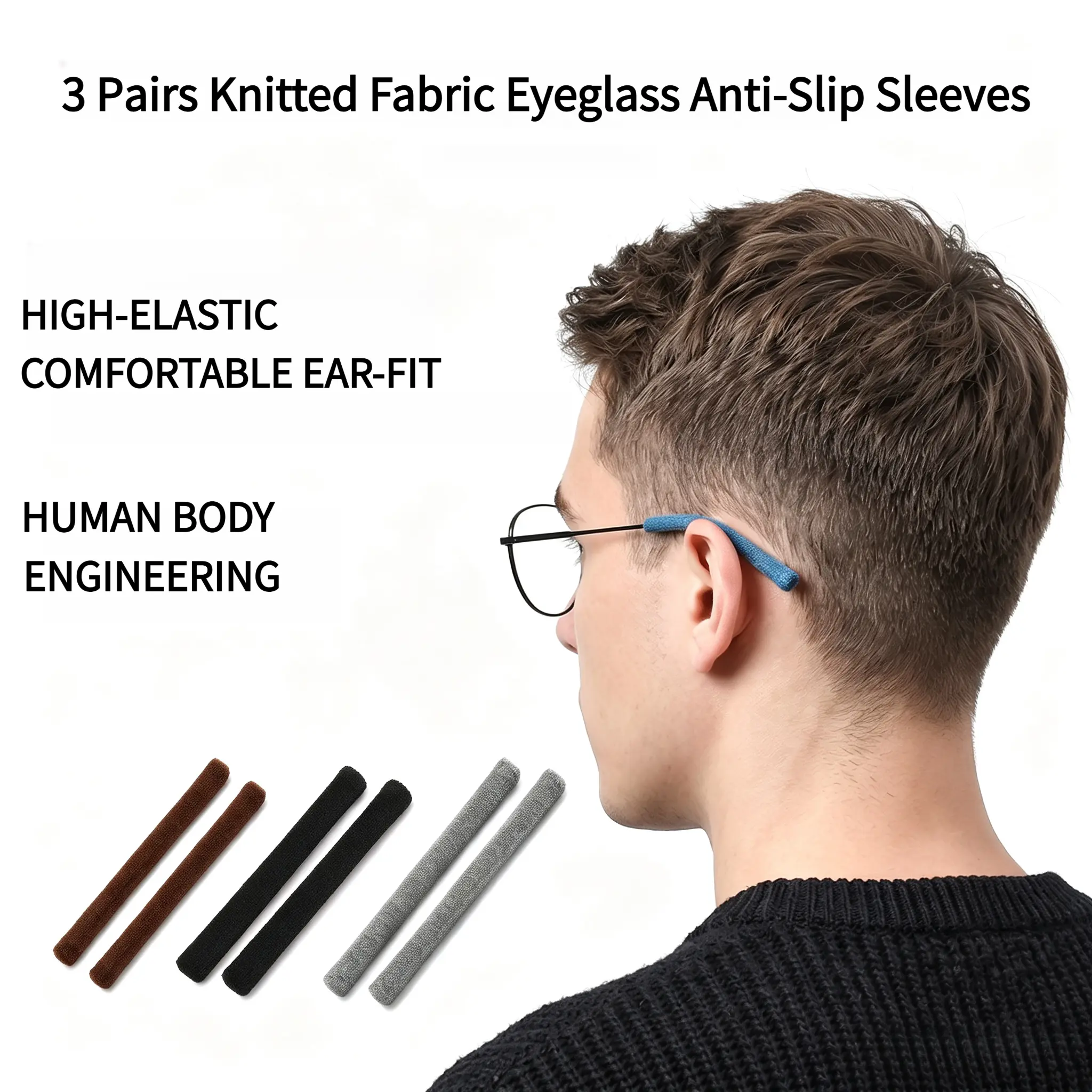 3 Pairs Knitted Fabric Anti Slip Glasses Ear Grips, High Elastic Comfort Ear-Fit Temple Tips Retainer for Sunglasses & Reading Glasses-YY1