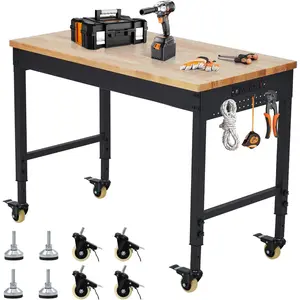 60"x22" Heavy Duty Adjustable Rolling Workbench, 2000 LBS Weight Capacity Work Table with Polished Rubberwood Tabletop, Built-in 4 AC & 2 USB Power Ports, 6-Level Height Adjustable Steel Frame Workstation with Wheels for Garage, Workshop and Home DIY Task