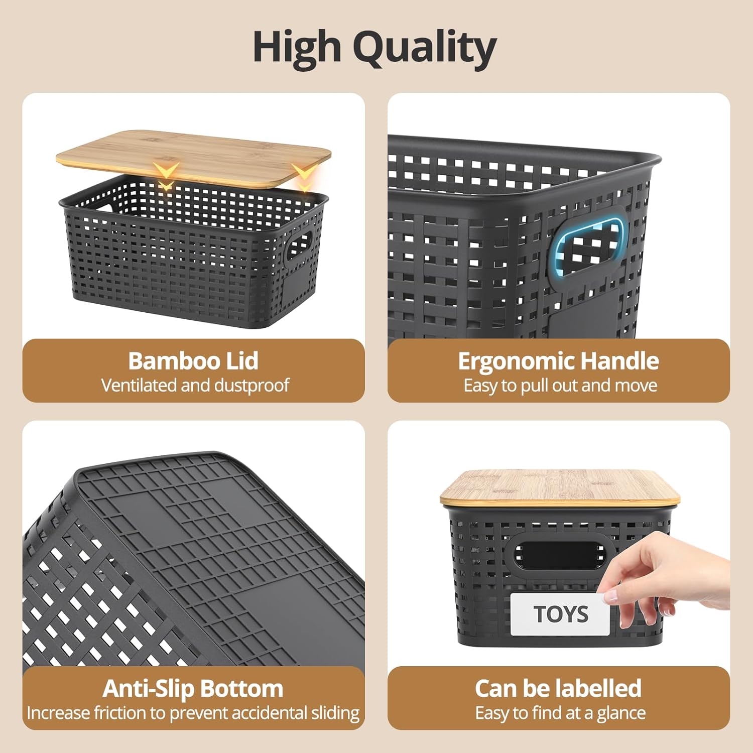 Plastic Storage Baskets with  Lids, Stackable Small Box Bins for Organizing and Containers for Shelves Drawers Desktop Closet Pantry Classroom Office Home, 6 Pack 10.2x7.2x4.1 Inch, Black