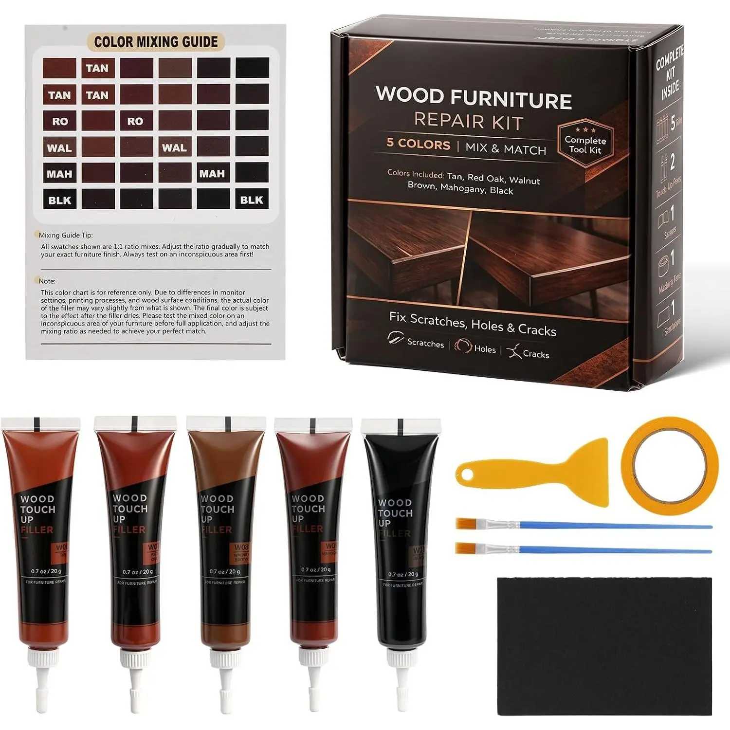 5 Color Dark  Repair Kit Anti-Crack Scratch Filler Floor Cabinet | Blendable dark ,  adhesion anti-crack, full tools & chart, fixes  , DIY  repair