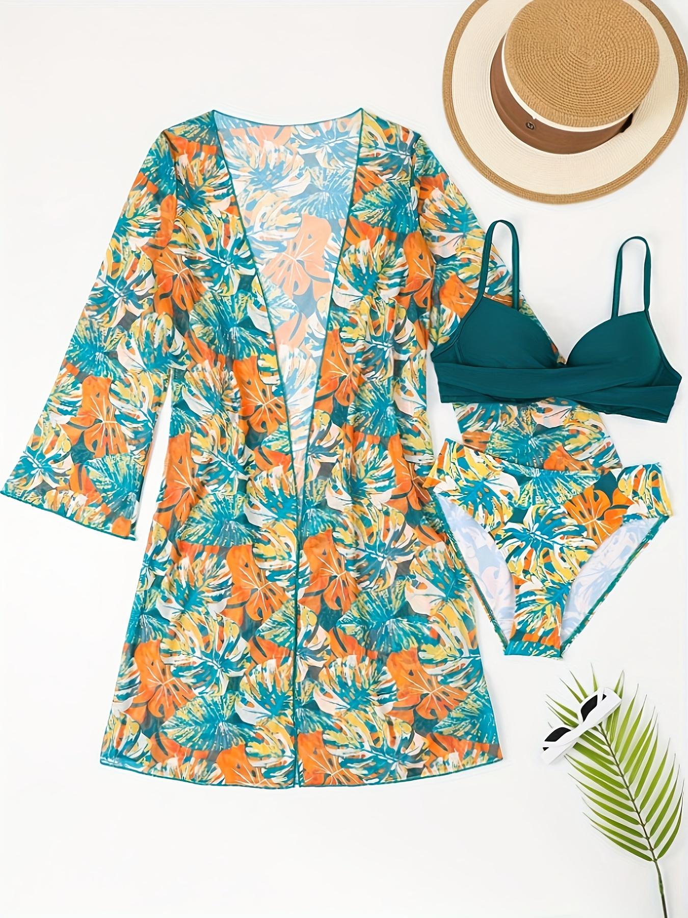 Three-Piece Swimsuit Set with Summer Beach Plant Prints