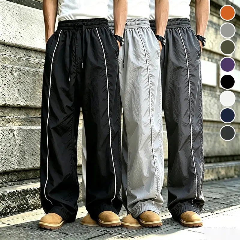 Men Elastic Drawstring Waist Wide Leg Track Pants, Light Quick Dry Fabric Single Side White Stripe, Adjustable Drawstring Cuffs Slant Hand Pockets, Loose Straight Trousers for Street Sports Daily Outfits, Multiple Fashion Tone Options