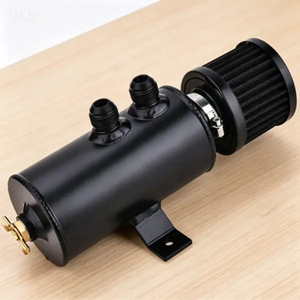 Black Universal 750ml Baffled Aluminum Air-Oil Separator Tank - 2-Port Design with Breather Filter, 10AN Fittings, 3/8 NPT Bottom Valve, Oil Separation for High-Performance Setups, Reusable & Easy to Clean, Drain Valve
