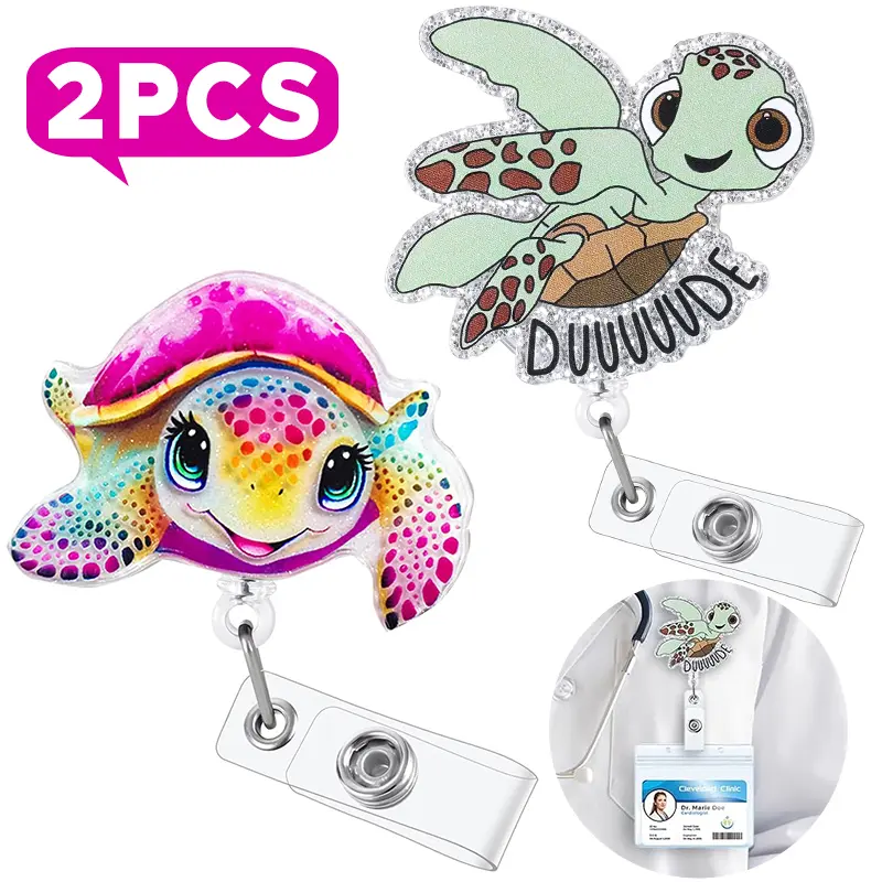2 Pack Cute Turtle Badge Reel Set, Rainbow & DUUUDE Cartoon Sea Turtle Retractable ID Clip, Funny Nurse Gift for RN LPN Pediatric Nursing Student Doctor Teacher
