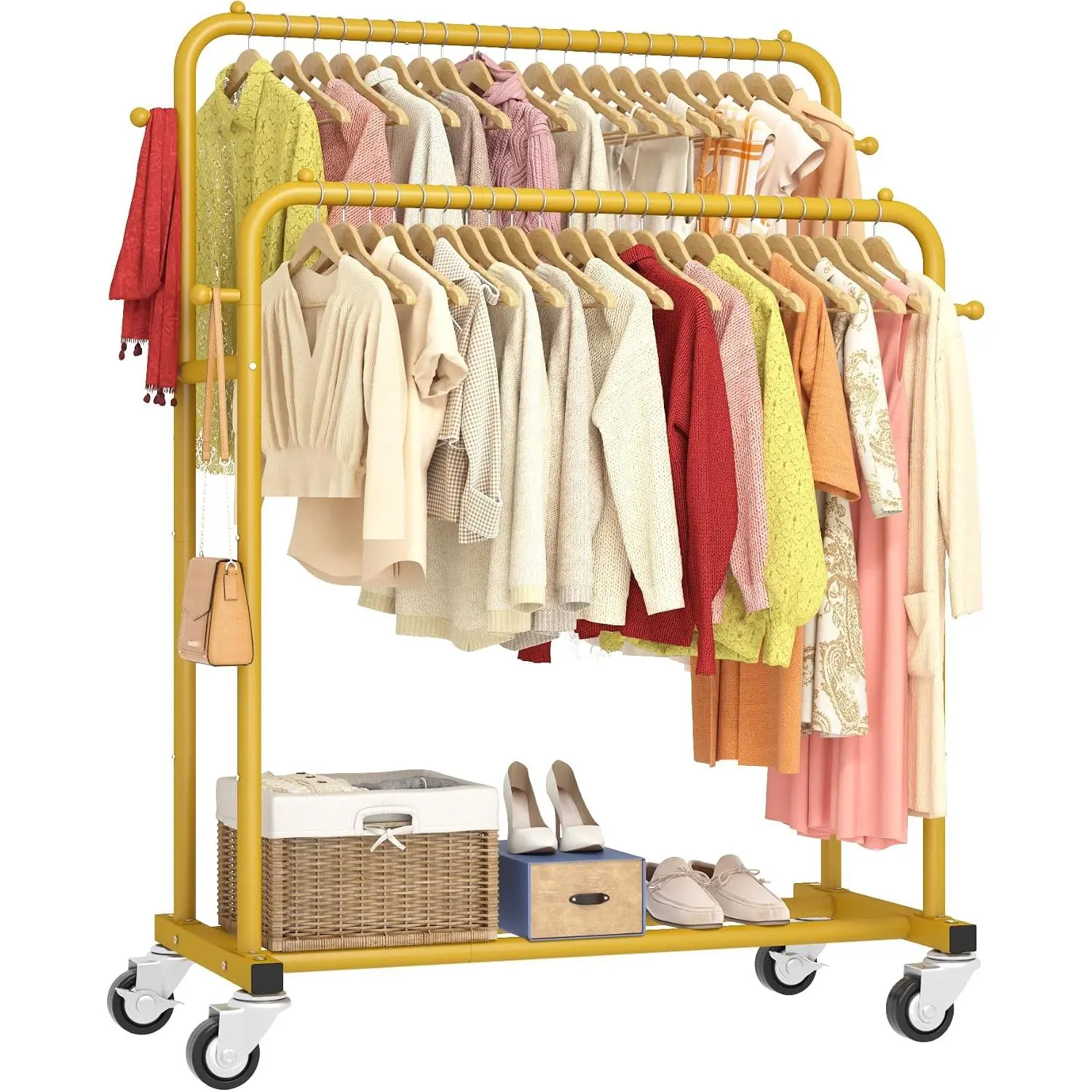 Double Rods Garment Rack with Wheels, Clothing Rack for  Clothes,4 Hooks, Multi-functional Bedroom Clothes Rack,