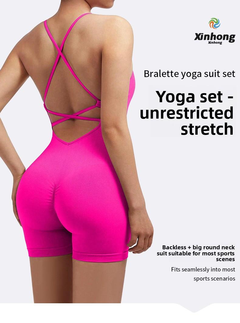 Women's Seamless High Stretch Halter Jumpsuit |   Crisscross Back Tight Fit 3/4 Length Workout Jumpsuit for Yoga Gym Cycling