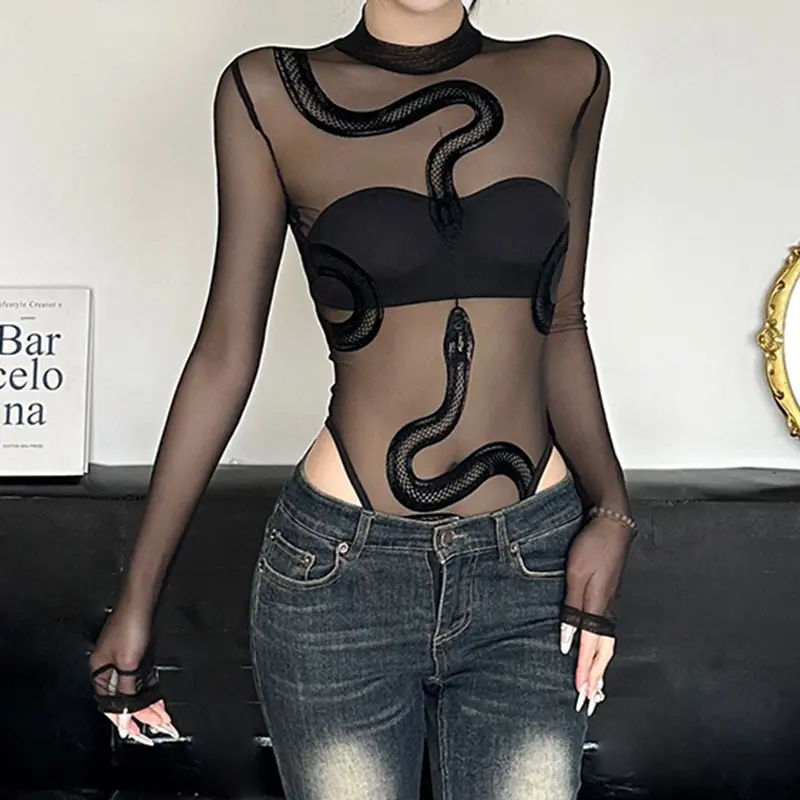 Women Sheer Mesh Butterfly Print Long Sleeve Bodysuit, High Waist Slim Fit Y2K Streetwear Sexy Going Out Top