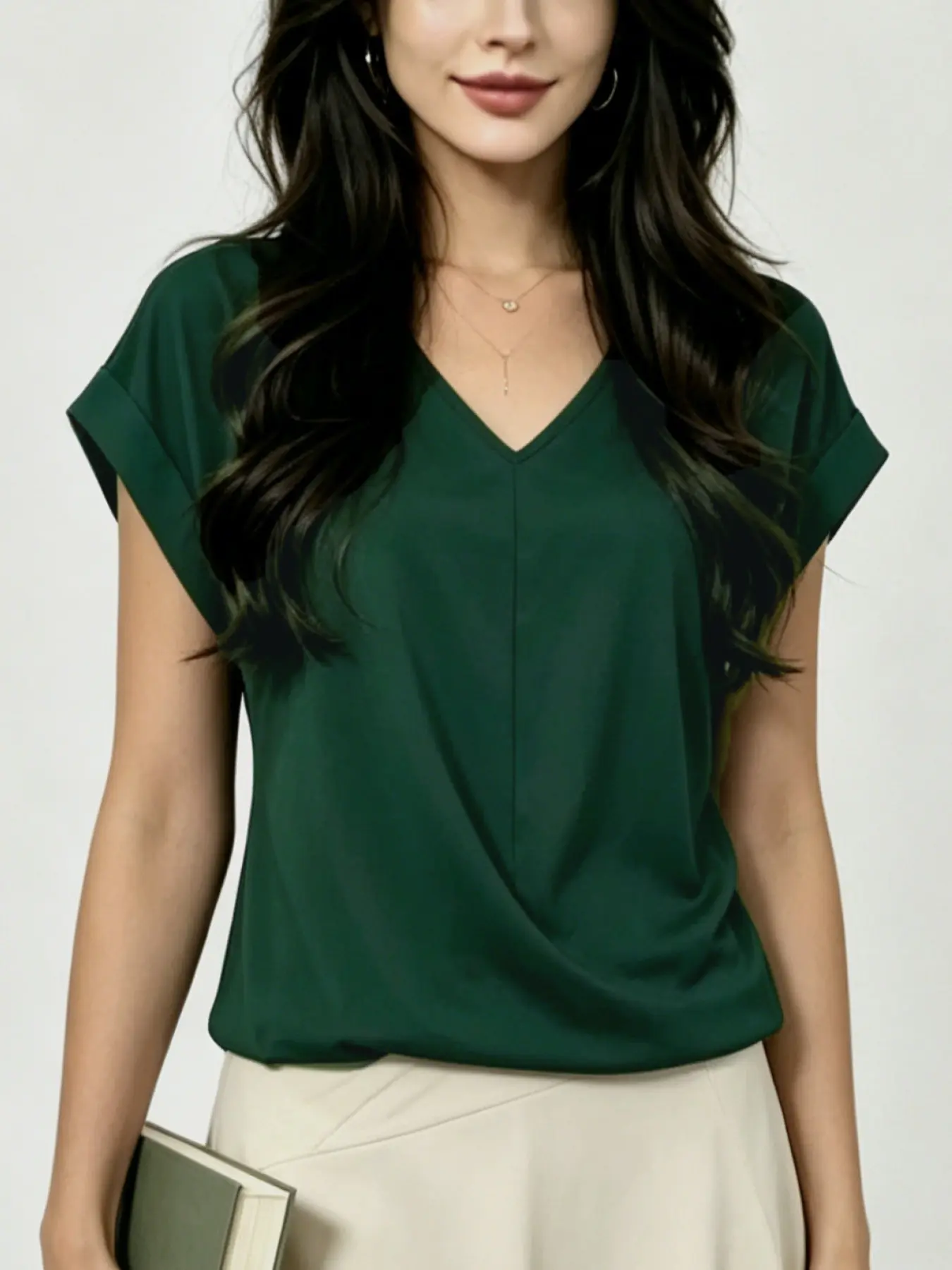 A fashionable solid color Dark Green V-neck elegant Casual short sleeved top for women, suitable for summer, daily commuting, travel, social parties and other occasions Shirts Fitted Tops