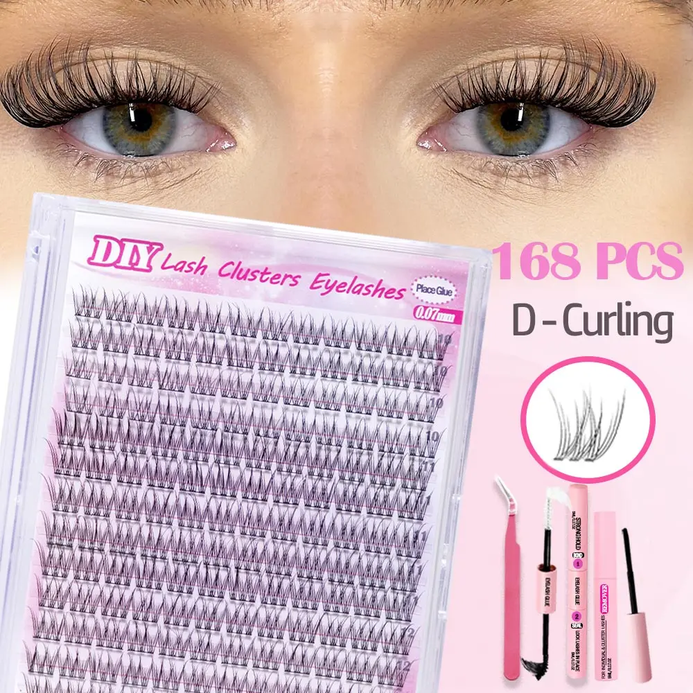 168 pcs DIY Eyelash Extension Kit, with Waterproof Lash Bond and Seal ,Tweezers, Brush, Remover, D Curling 8-16mm Mixed Length Black lash clusters natural Eyelashes, Beginner-Friendly DIY Lashes for a Flawless, Natural, Volume, Thick Styles Lash Clusters