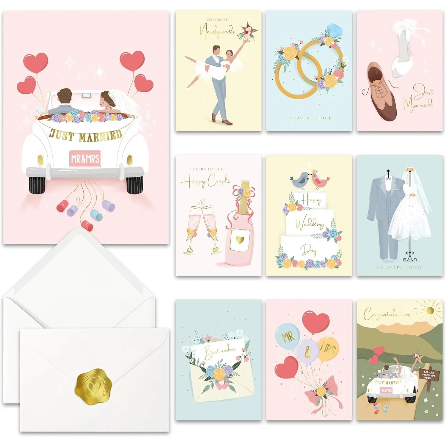 Wedding Congratulations Cards with Envelopes, Gold Foil 10 Pack 5x7 | Assorted Modern Cards for Bride & Groom, Bridal Shower, Engagement, Newlywed, Wedding GiftsGift
