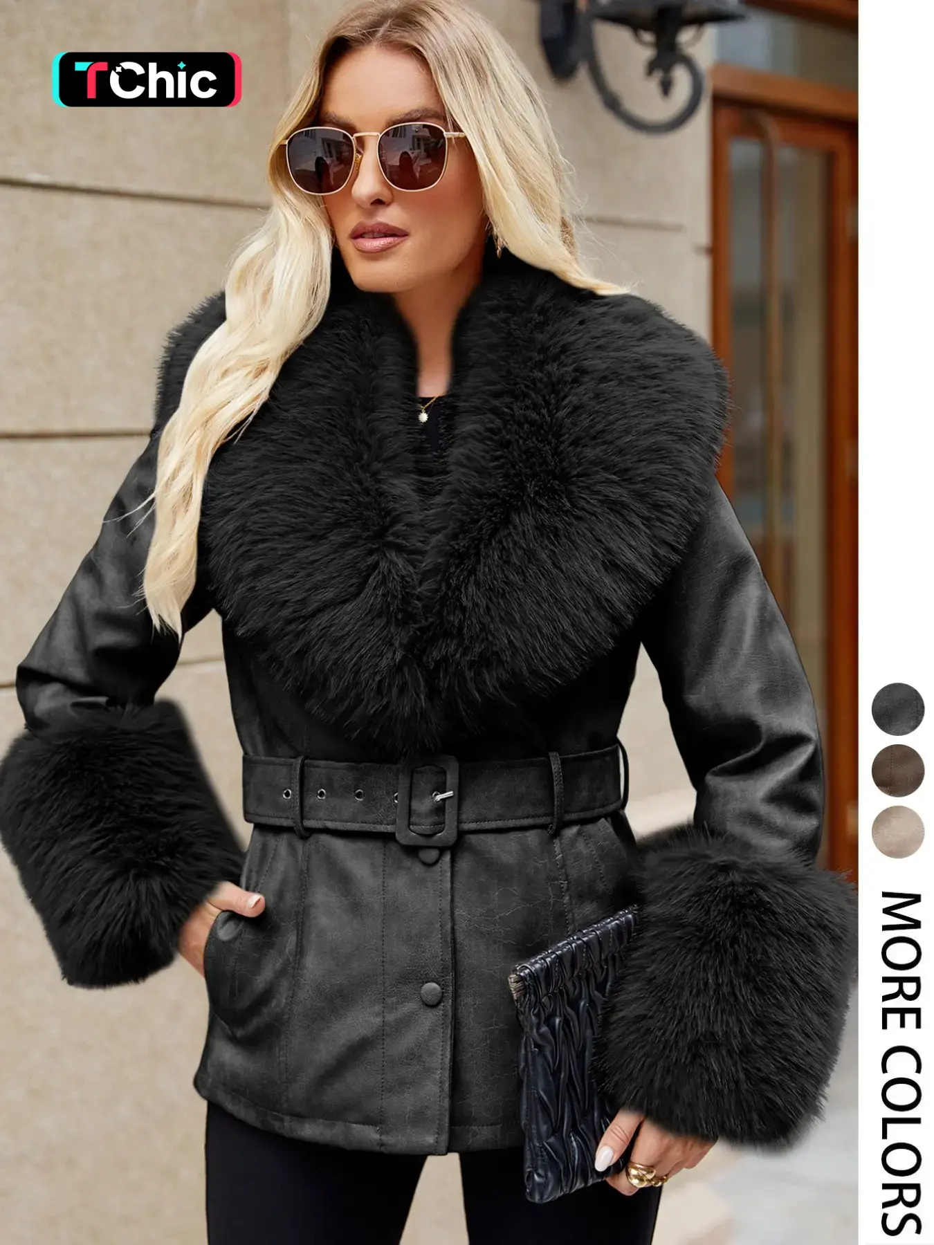 Women's Fall Winter PU Fabric Jacket, Vintage Casual Elegant Outerwear, Fitted Style with Belt and Zipper, Synthetic Faux Fur Detail, Daily Wear Everyday Coat, Womenswear