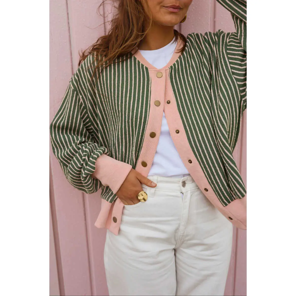 Green Stripe Striped V Neck Patchwork Long Sleeve Regular Fit Cardigan Breathable Fabric