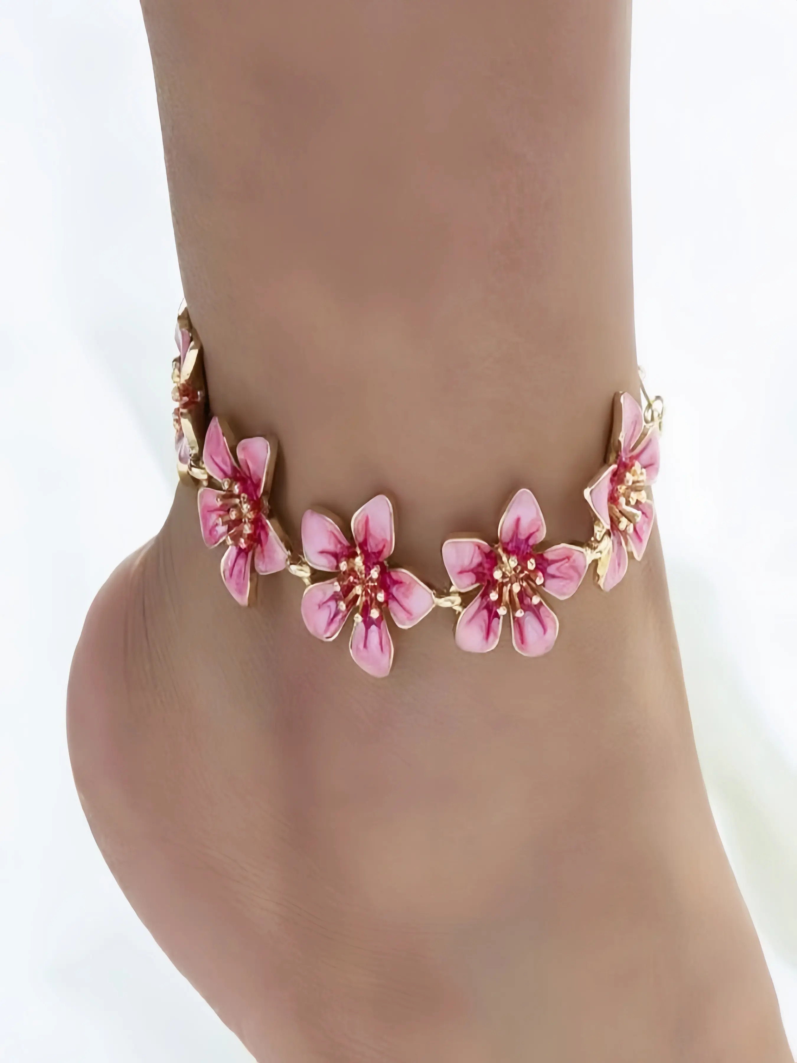 Adjustable Cherry Blossom Anklet, Enamel Foot Chain, Women's Summer Beach Vacation Jewelry, Elegant and Stylish Accessory