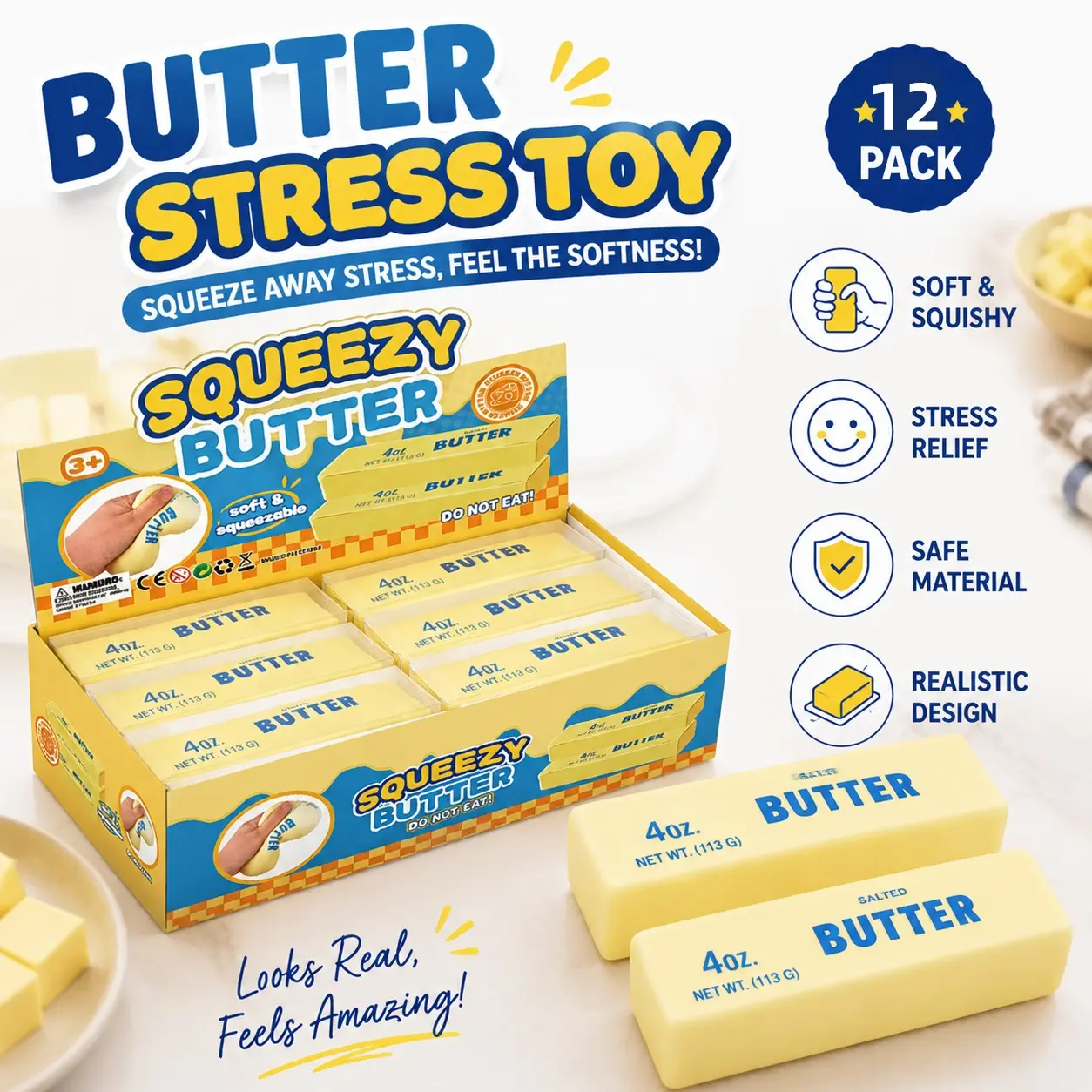 12-Pack Butter Stick Stress Relief Toys, Ultra Soft Slow Rebound, Realistic Butter Look, Easy to Clean, Anxiety Relief, Party Favors