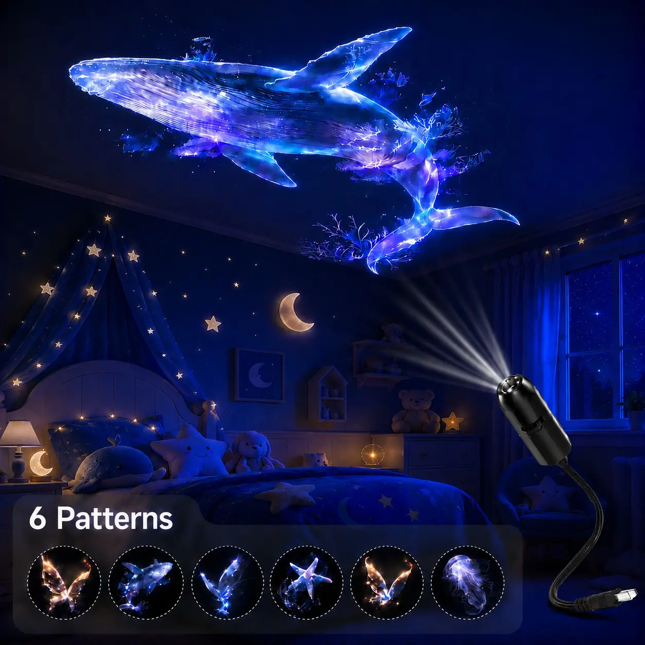 Creative Ocean Projection Lamp, USB Powered Mini Projector with 6 Pattern Discs, 360° Rotating Flexible Light, Whale, Butterfly, Starfish, Jellyfish Atmosphere Decor for Kids Room