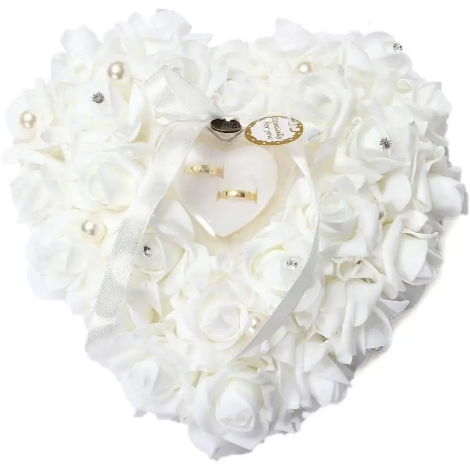 HONEYGIFTS Wedding Ring Pillow, Irovy Ring Bearer Holder Pillows Heart Shape Rose Lace Cushion for Wedding Party Anniversary Ceromony |   Heart Shape Rose Lace Cushion for Wedding Party Anniversary Ceromony