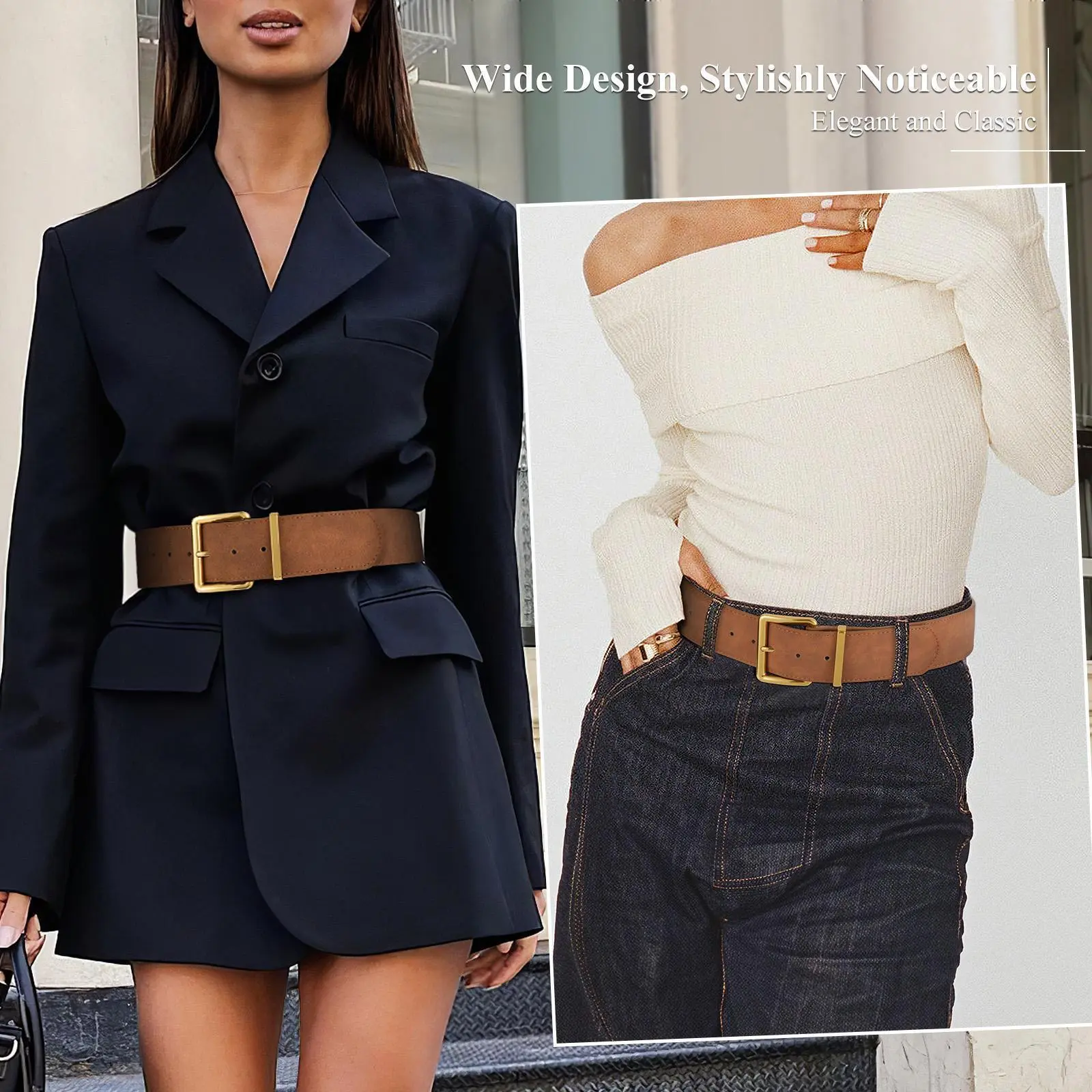 Wide Suede Belt with Gold Buckle, Adjustable, 1.89\