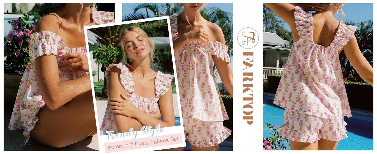 Imily Bela Womens Floral Print Pajama Sets Ruffle Trim Cami and Casual Shorts 2 Piece Lounge Set PJ Fashionable Comfortable