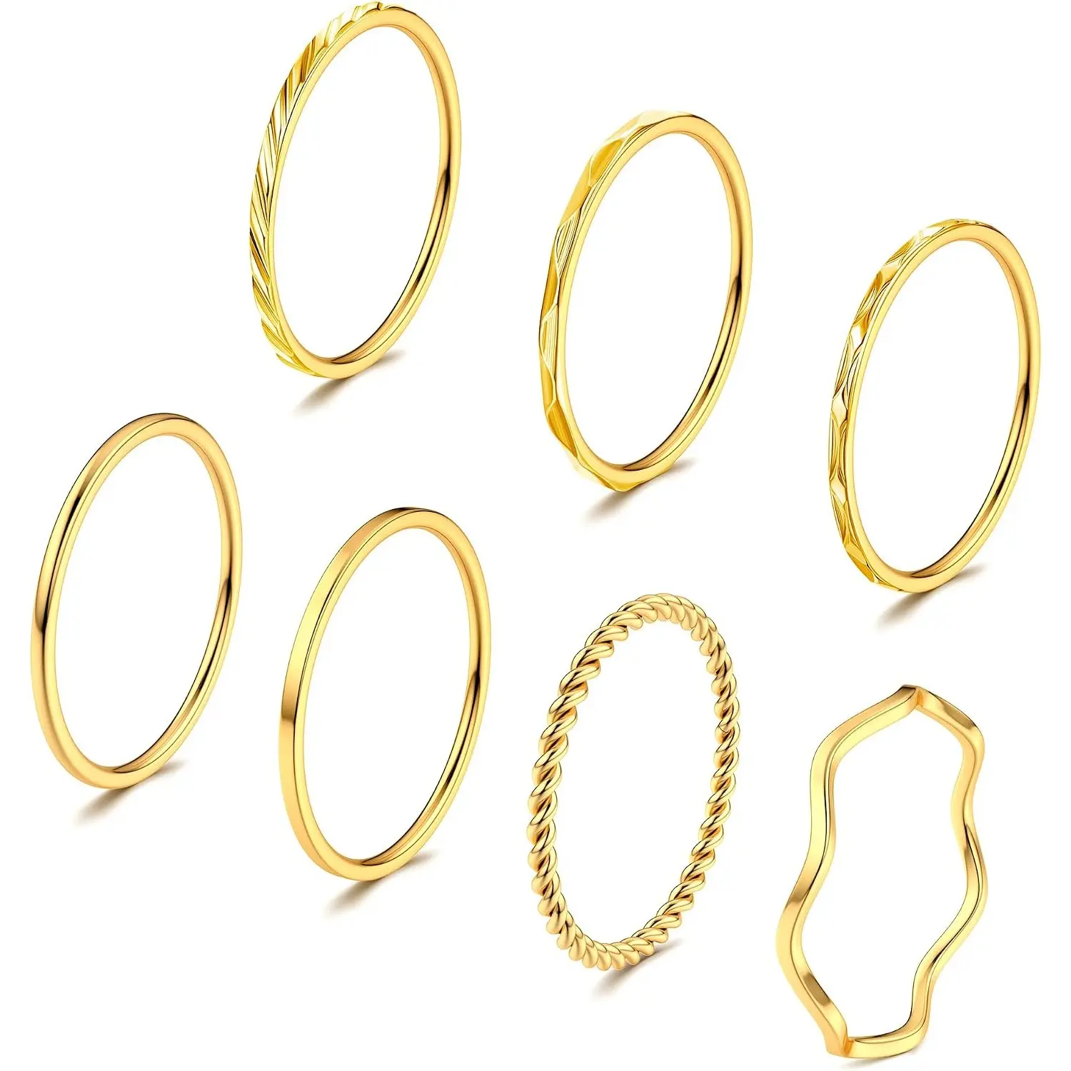 7 Pcs 1MM Thin Stainless Steel Stackable Rings Set for Men Women, Dainty Plain Knuckle Midi Thumb Band Rings, Gold Tone Sizes 5 & 8 Minimalist Jewelry