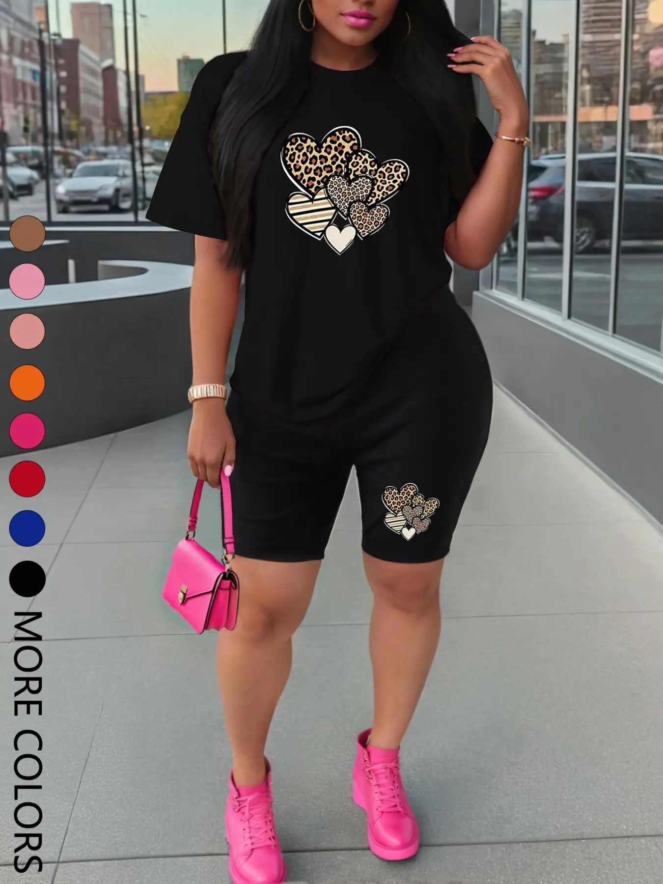 Summer New Short Sleeve Shorts Set, Sporty Heart Print, Comfortable Casual, Athleisure Wear Sets, Women's Two-Piece Outdoor Sports Wear, Heart Print Sportswear, Casual Sporty Design