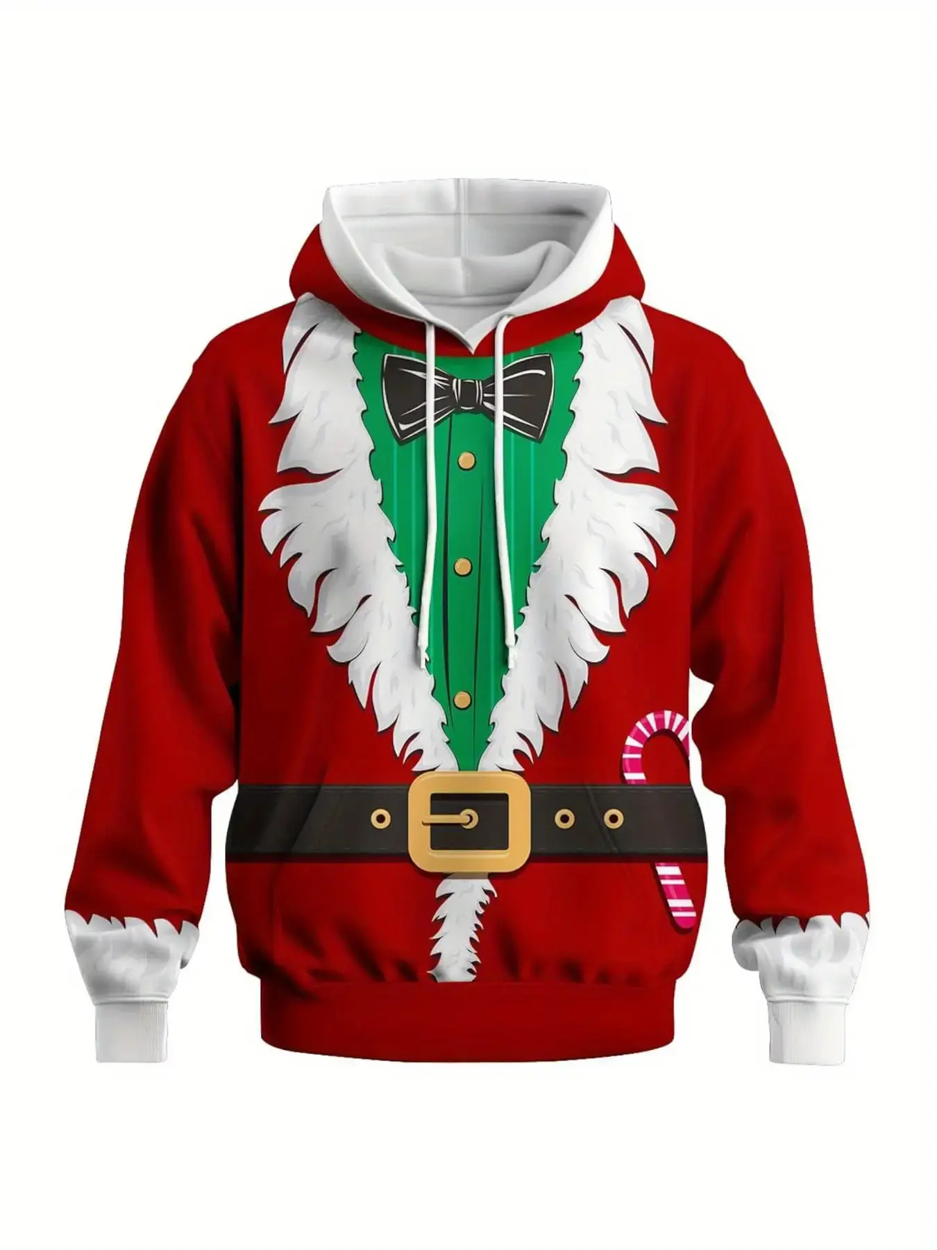 Men's funny Santa Claus hooded sweatshirt - Red and green Santa Claus hooded sweatshirt with full-body Santa Claus print. Made of French fleece material, suitable for all seasons. Perfect for holiday parties and casual wear.