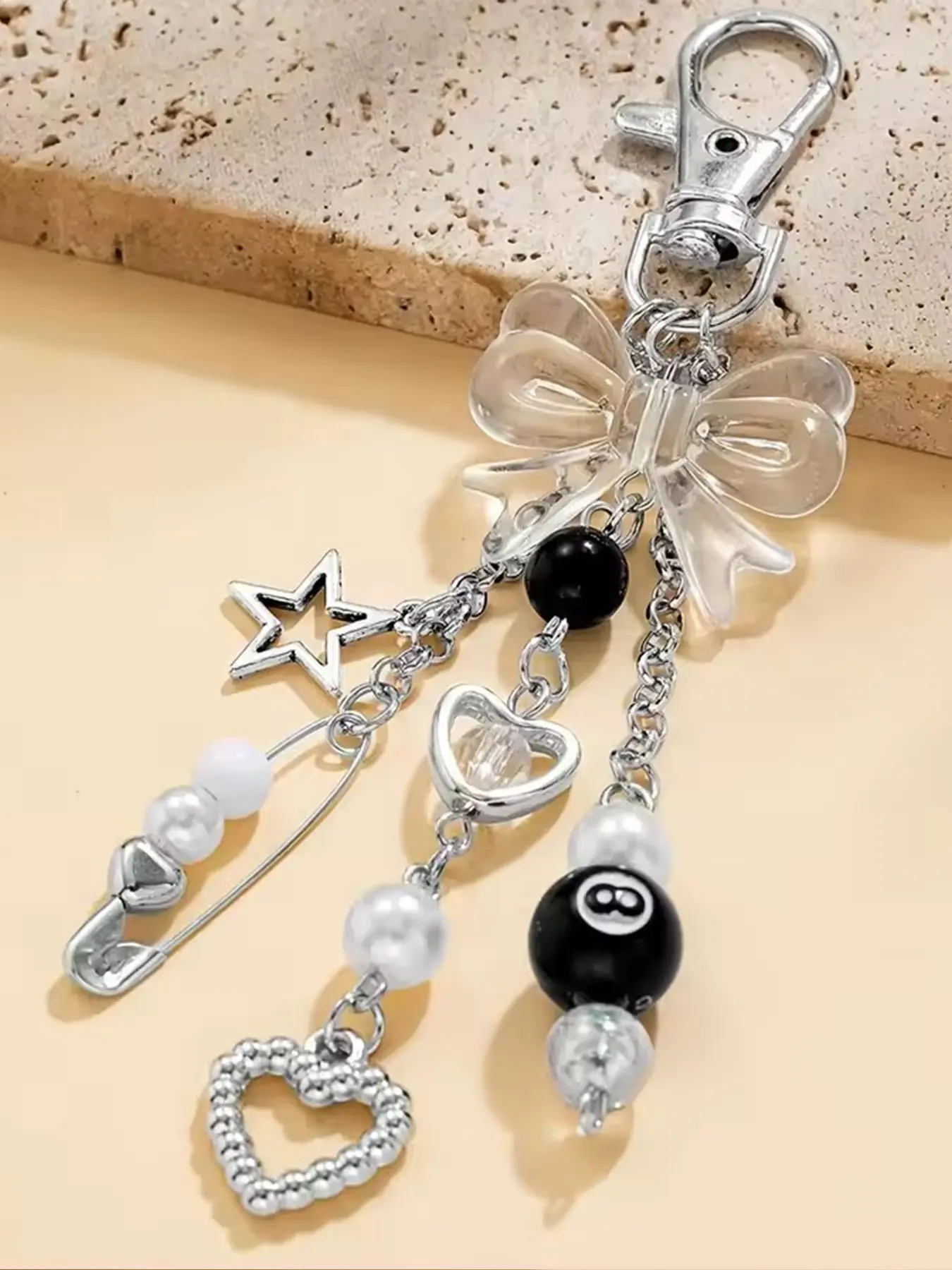 Beaded Keychain,Paperclip Charms Lobster Clasp Punk Y2K Gothic Style With Heart Star 8 Ball Butterfly Bow  Fashion Resin Alloy Acrylic Pendant Gift For Women Daily Commute