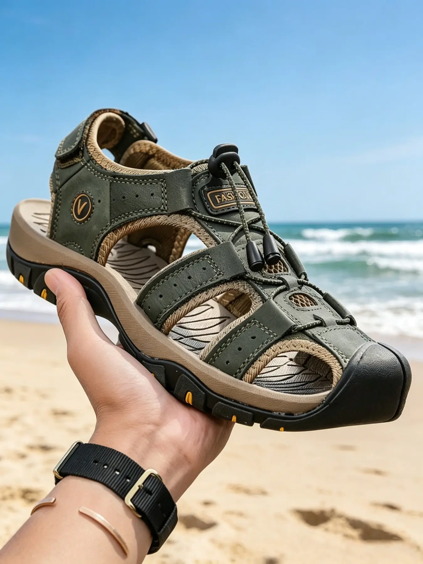 Men's Summer Beach Sandals, PU Leather Outdoor Footwear, Beach Walking Sandals, Rubber Sole, Comfortable Non-Slip, All Seasons, Less Than Ankle Height