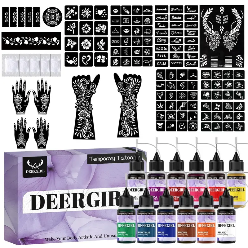 DIY Temporary Tattoo Kit, Tattoo Supplies, Large Ink Bottle, Reusable Stencil Templates, Smooth Application, Long-Lasting, Gentle Formula, Perfect for Parties and Weddings