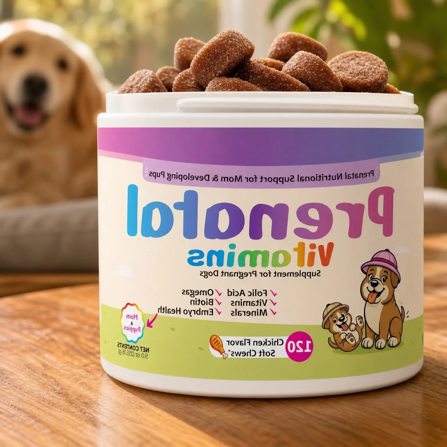 Dog Prenatal Vitamins – 120 Soft Chews Multivitamin for Pregnant & Nursing Dogs with Folic Acid, Zinc, B-Complex, DHA & EPA Omega-3 and ProbioticsGift