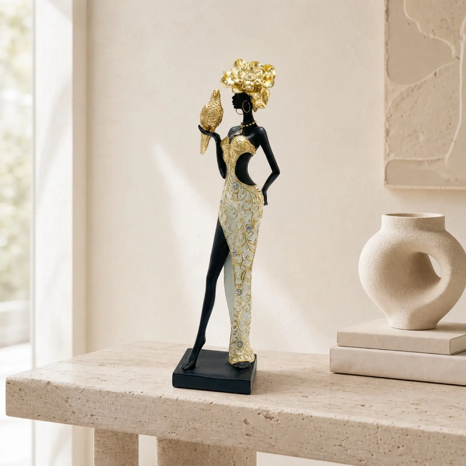 Golden Elegant Figure Ornament, Artistic Parrot Holding Statue, Perfect Gift for Valentine's Day, Mother's Day, New Year, Home Decor