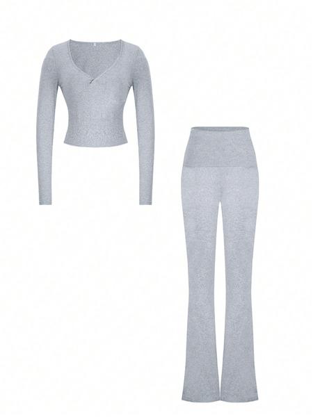 Slim-Fit Crop Top & Pants Two-Piece Set, Solid Color V-Neck Long Sleeve for Fall and Winter, Airport Outfit Slim-Fit Crop Top & Pants Two-Piece Set, Solid Color V-Neck Long Sleeve for Fall and Winter, Airport Outfit