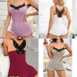 Lace Butterfly Back Loungewear Trend | Rare Figure-Flattering Ribbed Knit Night Onesie | Spaghetti Strap Front Lace Bow Detail Slim Short Jumpsuit | Ultra Soft Elastic Knit,  | All-day Indoor Relaxing, Lazy Sunday Home Lounge Daily Wear