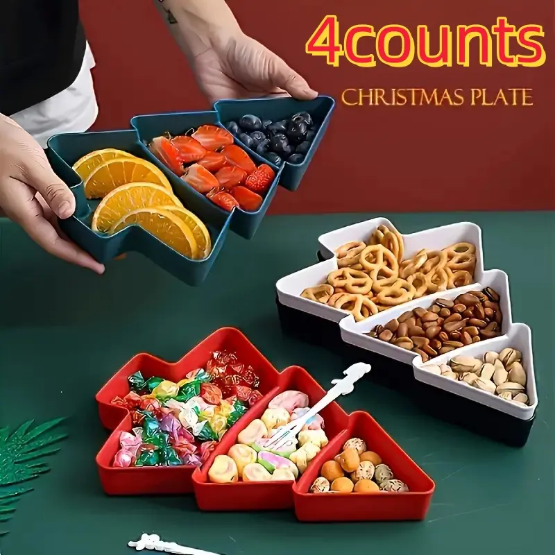 4 Piece Christmas Tree Snack Tray Set, Perfect for Appetizers, Candy, Nuts, Salads, Desserts, Holiday Party Decor, Restaurant, Café, Afternoon Tea