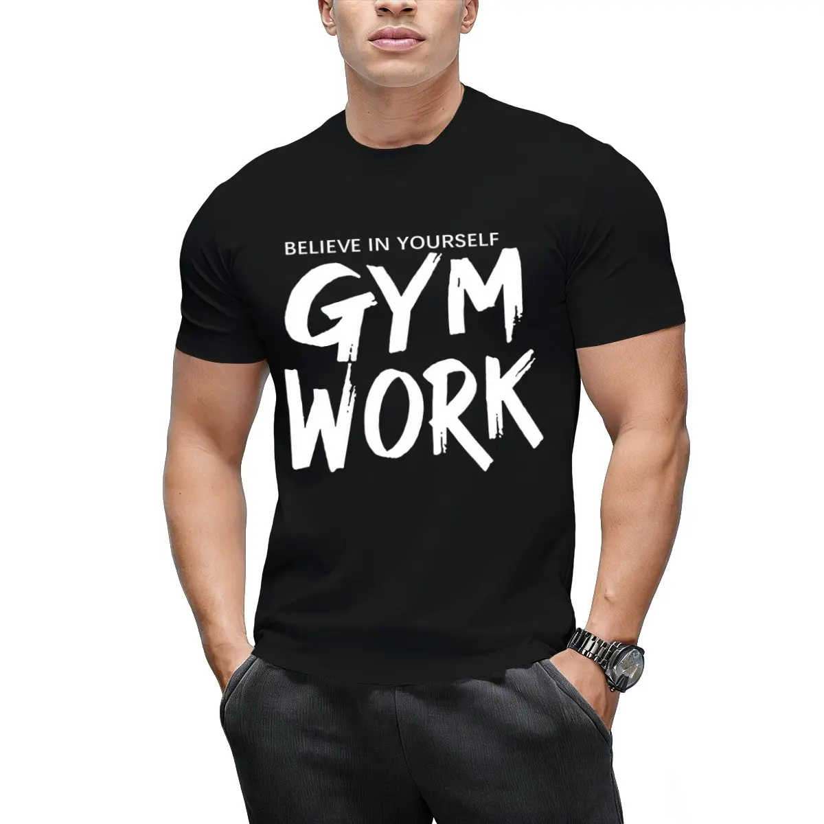 Casual Gym Workout Graphic Print T Shirts For Men Believe In Yourself Slogan Crew Neck Short Sleeve Sports Training Tee