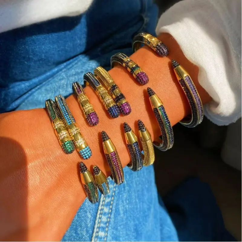 18K Thick Gold Plated Colorful Pencil Bracelet & Ring Set for Women, Dopamine Rainbow Jewelry with Sparkling Colorful CZ Zircon, Playful Artistic Fashion Accessories, Cute Y2K Aesthetic Matching Set, Luxury Designer Inspired Statement Jewelry, Trendy Gift