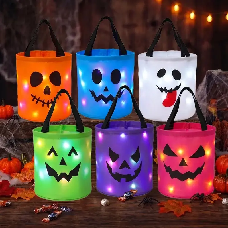 Halloween LED Light-Up Reusable Canvas Tote Baskets with Glowing LEDs, Pumpkin Ghost Design, Kids’ Night Safety Candy Baskets, Festival Party Supplies & Holiday Favors Gift Pails