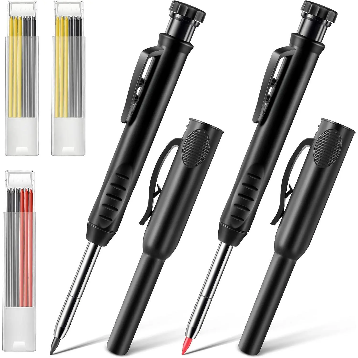 2 Pack Carpenter Pencils with Pencil Cap and 18 Refills, Black | Mechanical Pencil, Deep Hole Marking, -In Sharpener, Long Nose Tip, Pocket Clip, Marks Many Surfaces, Woodworking Use