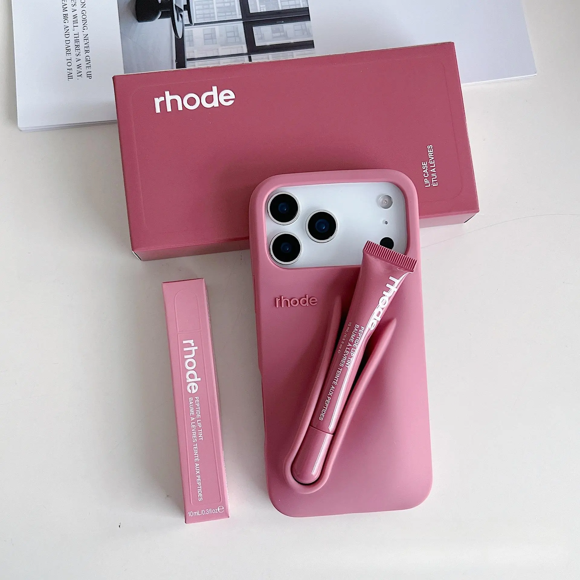 RHODE 2-in-1 Silicone Smartphone Accessory with Lip Gloss Holder & Lip Balm Slot Cover for 16/17 Pro Max, Cute Protective Makeup Handheld Cellphone Device Kit with Heavy-Duty Graphic Hard Clear HD Privacy Screen Protector (Peony Floral) case