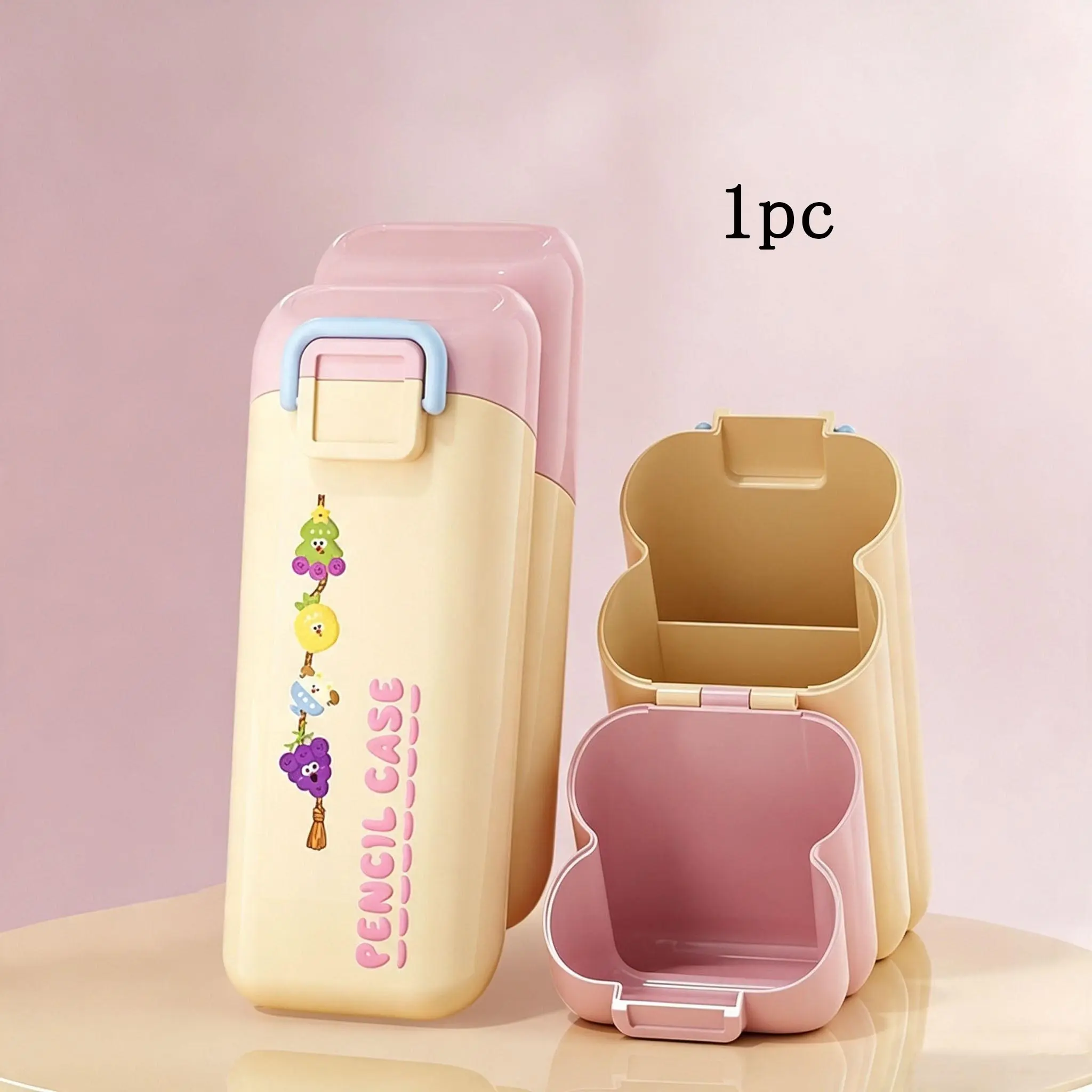 Cute Flip-Top Desk Pencil Holder, Cartoon Fruit Print Plastic Pen Organizer, Multi-Compartment Hanging Desktop Stationery Box, Space-Saving Desk Organizer