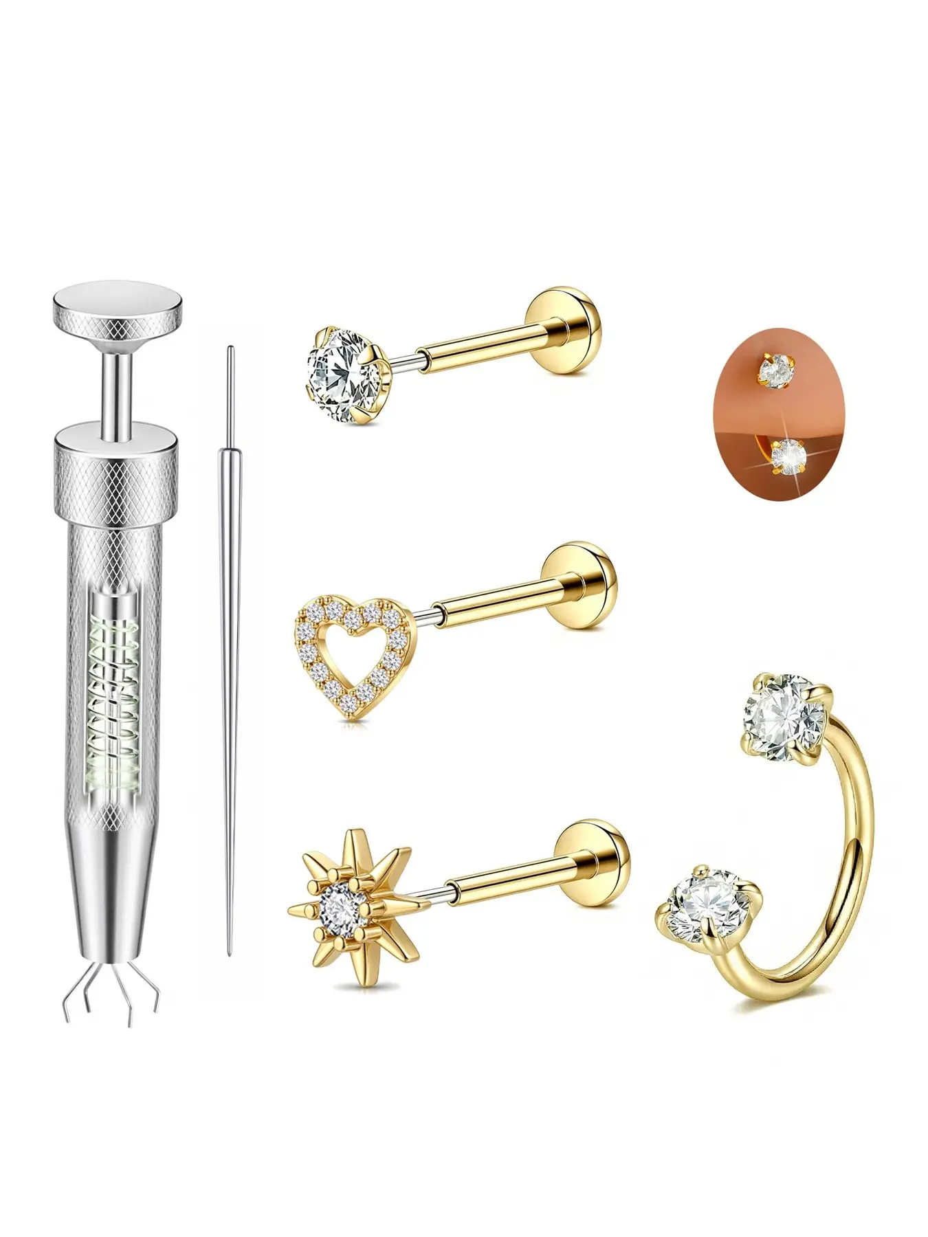 20g Push in Nose Stud Horseshoe Nose Rings Threadless Flat Back Cartilage Earrings Helix Tragus Nose Piercing Jewelry Hypoallergenic Stainless Steel Nose Rings Studs for Women Men
