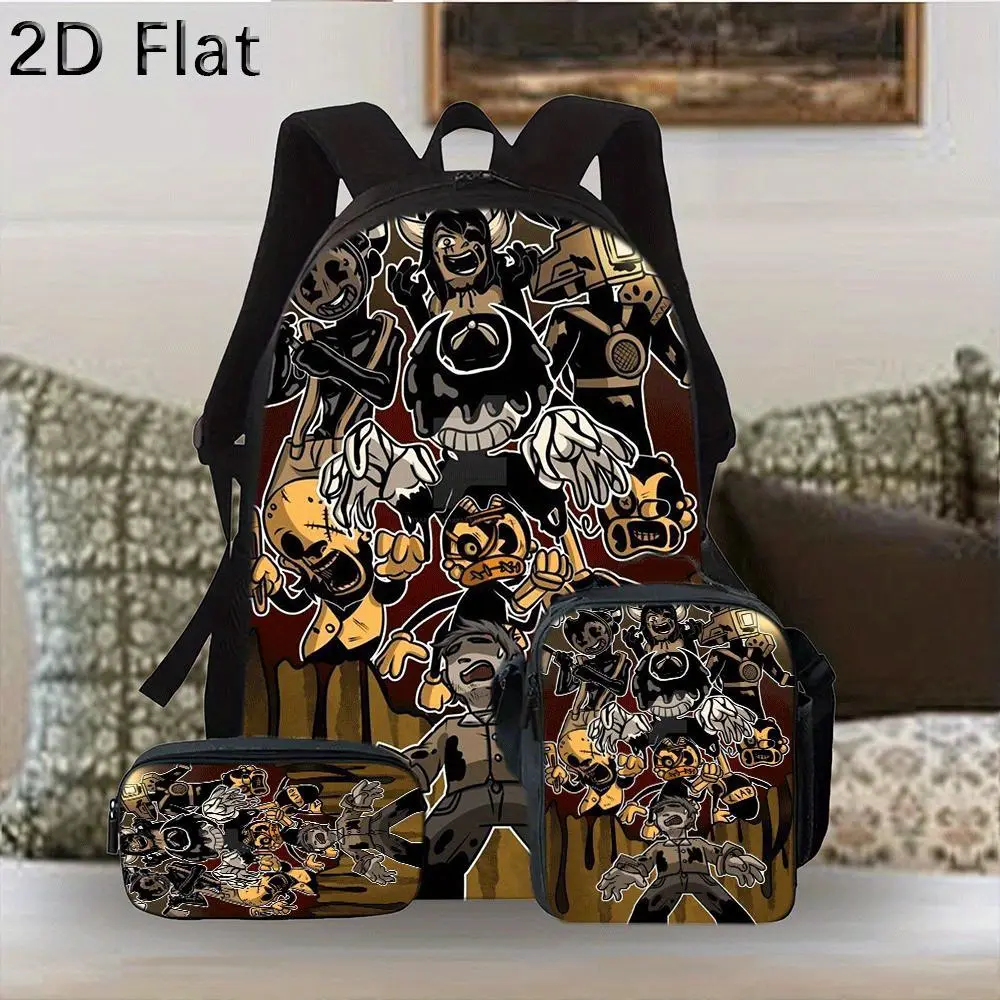3-Piece Oxford Backpack Set, Lunch Bag Pencil Case, Bendy and the Ink Machine Horror Game Group Character Print, Breathable Padded Straps For Horror Game Fans & Students